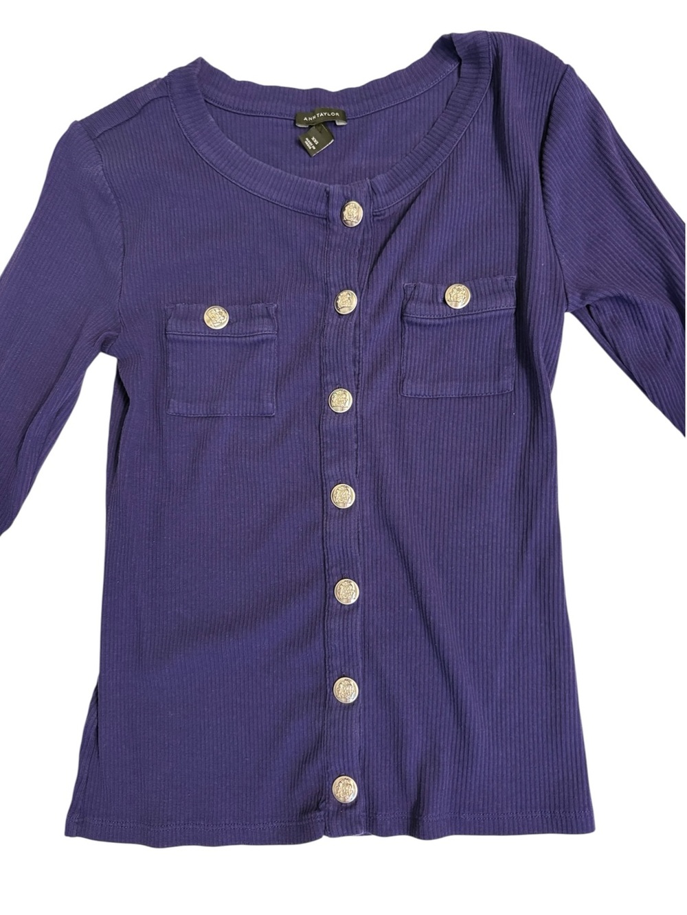 Ann Taylor Purple Ribbed Button-Front Top with Gold Buttons